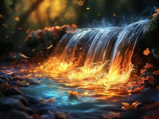 Magical fiery waterfall glowing with golden light, autumn leaves surrounding enchanted cascade, surreal fantasy nature scene, photorealistic 3D render, generative AI