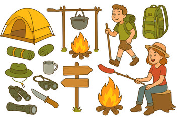 Camping and hiking equipment set. Vector cartoon illustration for outdoor summer adventure. Includes tent, campfire, backpacker, and cooking gear for nature exploration.