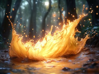 Golden fiery water splash explosion with glowing droplets, magical liquid energy burst in warm sunset light, fantasy surreal water art, generative AI illustration