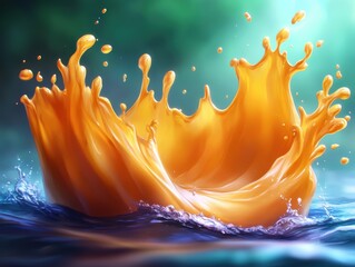 Golden fiery water splash explosion with glowing droplets, magical liquid energy burst in warm sunset light, fantasy surreal water art, generative AI illustration