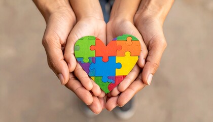 Hands Holding a Colorful Puzzle Heart Symbol of Love, Unity, and Autism Awareness