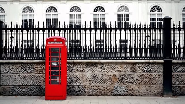 London, United Kingdom. A photograph of a red telephone booth on a wall with a patterned texture. The phone booth is a classic red telephone box with a black exterior and a white interior.