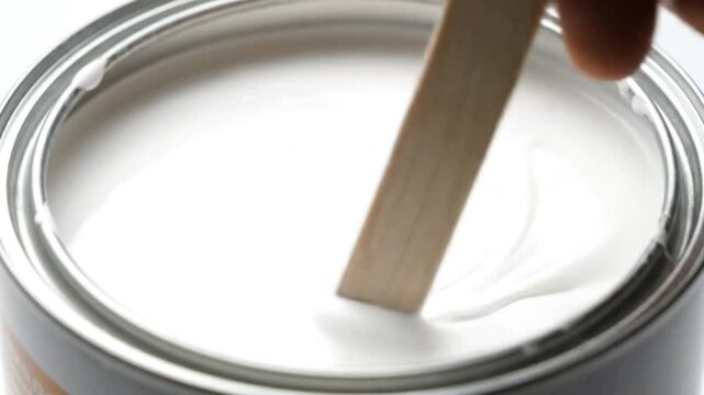 Mesmerizing close-up of thick white paint being slowly stirred in an open metal can with a wooden stick perfect for home renovation DIY projects creative arts a