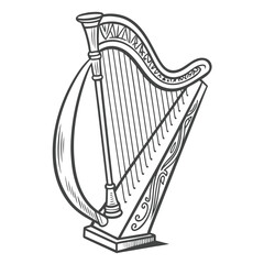 Detailed Illustration of a Harp A Classic Musical Instrument in Monochrome