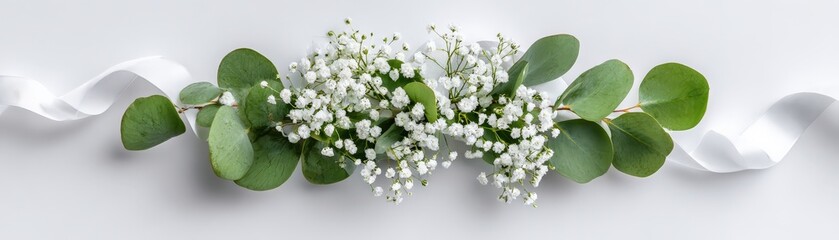 A delicate arrangement of white flowers and green leaves, accented by a soft satin ribbon, perfect for decor or special occasions.
