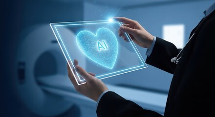 Doctor holding glowing heart A I graphic on a transparent screen near a C T scanner in blue setting