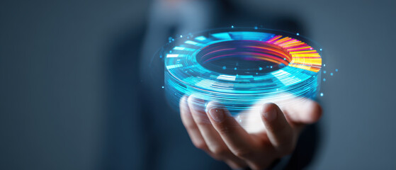 Business technology data hologram confident investor cupping vibrant holographic pie chart