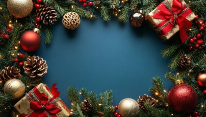 The image shows a teal background decorated with fir branches, red and gold ornaments, pine cones, gift boxes with red ribbons, and string lights creating a frame.