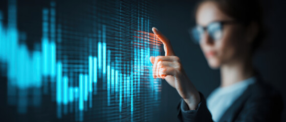 Businesswoman finance data analytics digital Futuristic businesswoman touches glowing finance