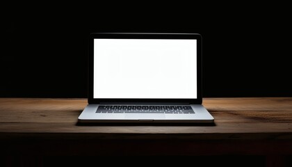 A silver laptop rests on a rustic wooden surface; its screen displays a bright white background, and the surrounding area is dimly lit.