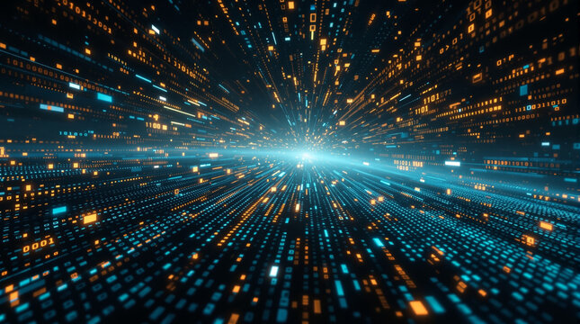 Sreaming data, binary data moving on a digital 3d space - Digital Code concept