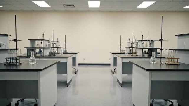 Empty Modern Science Laboratory Interior A pristine well-lit lab classroom featuring multiple workstations with clean glass beakers test tubes and flasks ready 