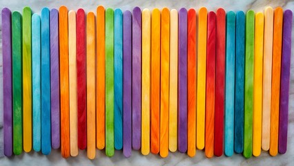 A colorful assortment of popsicle sticks arranged in neat rows, showcasing a vibrant spectrum of hues against a neutral background