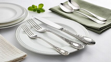 Elegant table setting with ornate silver cutlery on plates and soft linens.