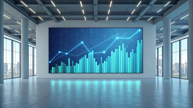 Modern art gallery showcasing a large digital screen displaying abstract blue and green data visualizations - Powered by Adobe