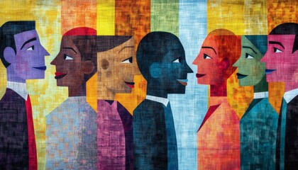 Fototapeta premium The illustration shows several stylized profile portraits of diverse individuals with varying skin tones and clothing colors, arranged in a row against a textured background.
