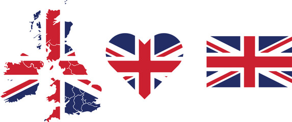 United Kingdom flag artwork with map outline, heart symbol, and rectangle design. National identity illustration representing culture, pride, unity, patriotism, and independence.