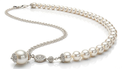 Elegant pearl necklace featuring white pearls and delicate silver chain design.