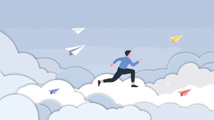 Achieve your dreams man running in clouds paper airplanes soaring imagination concept