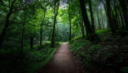 Fototapeta premium A Winding Path Through A Dense Forest With Lush Green Trees And A Dark Moody Atmosphere