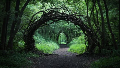A dark, shadowy forest trail is visible, leading through lush green foliage under a canopy of trees, with a large, gnarled wooden arch overhead.