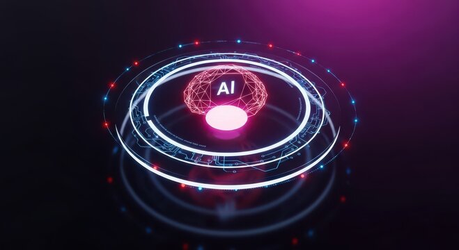Glowing A I brain graphic with circuit board rings and A I text on a dark purple background