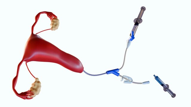 3D rendering the female reproductive system and IUI Delivery System,  illustrating the procedure of Intrauterine Insemination (IUI).