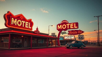 Retro illuminated motel sign casting a warm glow on a classic car under a twilight sky, embodying the spirit of a historic American road trip destination