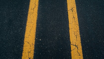 The image shows a section of asphalt road surface with two parallel yellow lines that are cracked and worn.