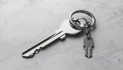 The image shows a silver key with a small key chain attached, resting on a light gray marble background.