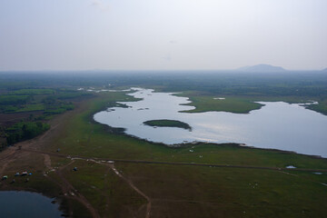 Aerial view of Sanam Chai Khet reservoir located in Chachoengsao province, Thailand.