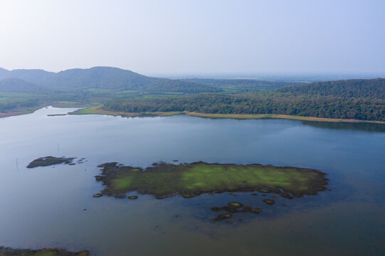 Aerial view of Sanam Chai Khet reservoir located in Chachoengsao province, Thailand.