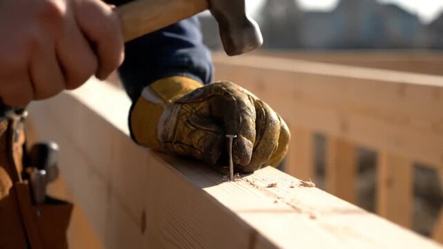 Close up of a construction worker in protective gloves hammering a nail into a wooden beam Building framework with carpentry tools and manual labor on a job sit