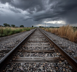 Fototapeta premium Railroad tracks stretching into a stormy sky