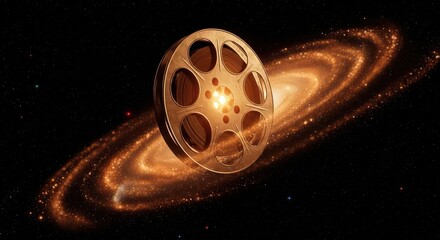 Golden film reel floating in space with a glowing galaxy background and stars in the dark night