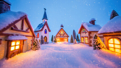 Fototapeta premium Enchanting miniature village glows warmly amidst falling snow, perfect for holiday magic and cozy winter scenes.