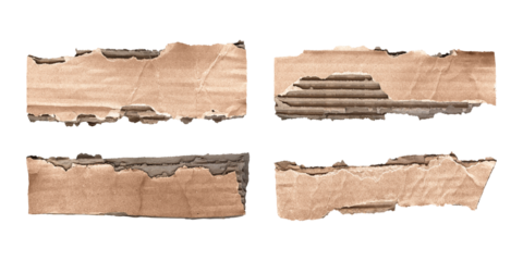 Worn corrugated cardboard labels set on a clear transparent PNG
