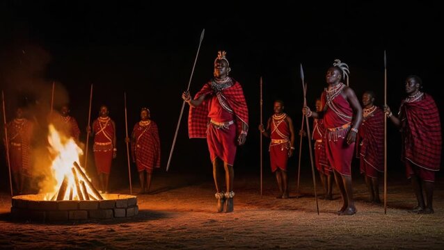 Maasai warriors dance around a fire at night in traditional clothing