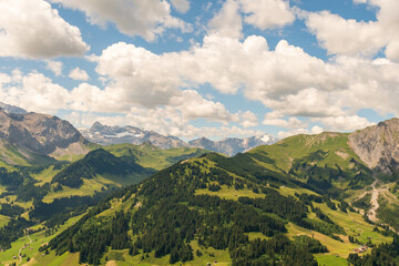 Naklejka premium Scenic alpine landscape with green meadows, towering mountains, and clear blue summer skies in the heart of the Swiss Alps