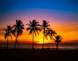 Silhouetted palm trees at sunset over the ocean