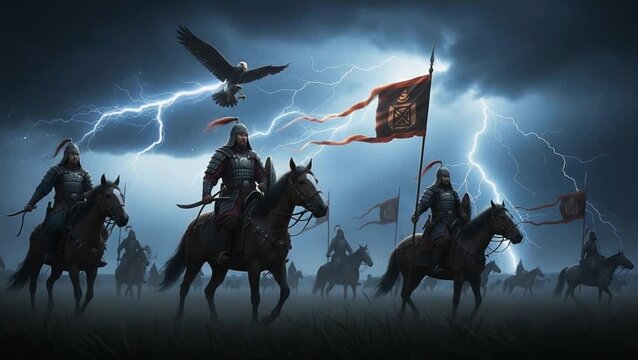 Mongolian warriors riding horses under a stormy sky with lightning strikes
