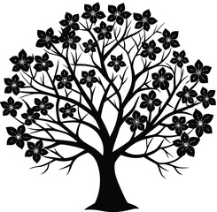 Black and white vector tree silhouette with flowers and leaves illustration