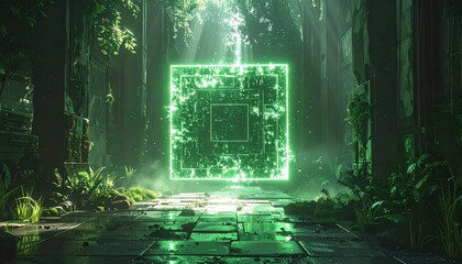 Glowing Green Cube in Lush Forest - A Fusion of Nature and Technology.