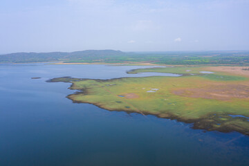 Aerial view of Sanam Chai Khet reservoir located in Chachoengsao province, Thailand.
