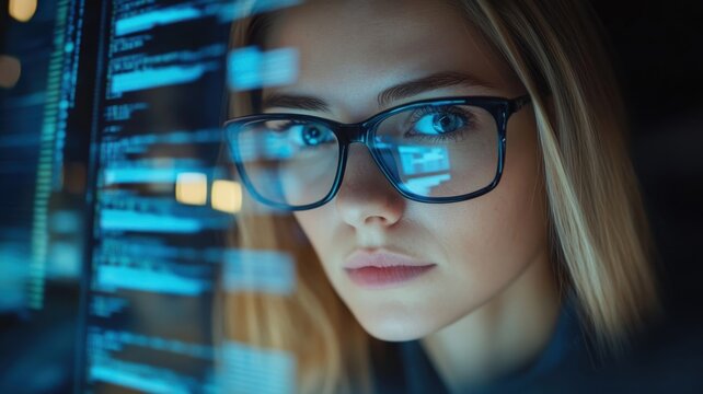 Focused software developer working in a dimly lit office analyzing computer code on multiple screens