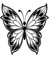 Black and white butterfly tattoo design with floral elements