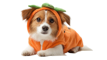 Dog in pumpkin costume isolated on transparent background