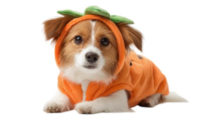 Dog in pumpkin costume isolated on transparent background
