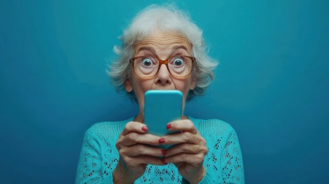 Senior woman excitedly using smartphone against a bright blue background while wearing glasses and a cozy sweater