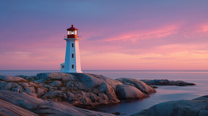 White lighthouse on rocky coast at twilight with colorful sky